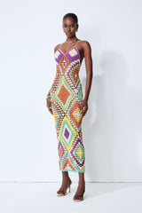 Sunkissed Shores Multi Crochet Geometric Spaghetti Strap Maxi Dress