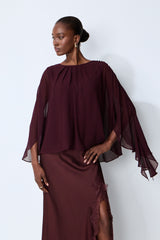 Going Out Tonight Burgundy Chiffon Cape Sleeve Blouse