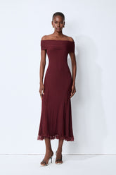 Magic Memory Burgundy Off Shoulder Lace Hem Knit Midi Dress