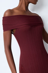 Magic Memory Burgundy Off Shoulder Lace Hem Knit Midi Dress