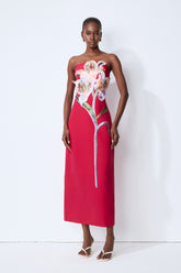 Lights Camera Action Hot Pink Floral Applique Strapless Slit Maxi Dress