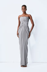 Poised Beauty Gray Strapless Ruched Front Maxi Dress