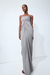 Poised Beauty Gray Strapless Ruched Front Maxi Dress