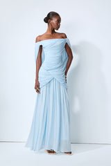 Simply Irresistible Blue Off Shoulder Ruched Cape Sleeve Maxi Dress