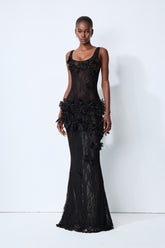 Midnight Desire Black Sheer Lace Floral Applique Maxi Dress