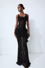 Midnight Desire Black Sheer Lace Floral Applique Maxi Dress