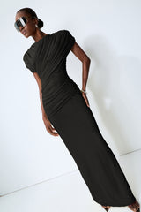 Made to Shine Black Off Shoulder Ruched Maxi Dress