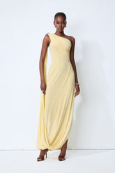 All Eyes Follow Yellow One Shoulder Draped Maxi Dress