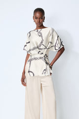 Easy Moment White Abstract Print Side-Knot Wrap Blouse