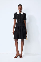 Simple Look Black Contrast Collar Knit Top & Pleated Skirt Set