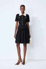 Simple Look Black Contrast Collar Knit Top & Pleated Skirt Set