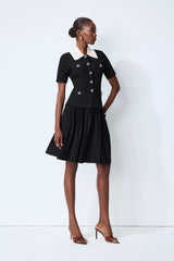 Simple Look Black Contrast Collar Knit Top & Pleated Skirt Set