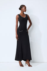 Timeless Attraction Black Sleeveless Pearl Trim Knit Maxi Dress