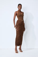 Compliment Me Brown Deep V Neck Ruched Maxi Dress