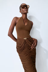 Compliment Me Brown Deep V Neck Ruched Maxi Dress