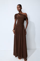 Lost After Dark Brown One Shoulder Cutout Maxi Dress