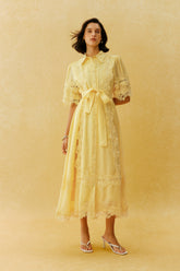 Chasing The Sun Yellow Lace Trim Short Sleeve Midi Dress