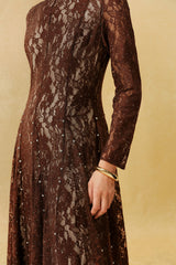 Little Secret Brown Floral Lace Embellished Long Sleeve Maxi Dress