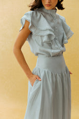 City Romance Blue Ruffle Sleeve Blouse & Lace Hem Skirt Set