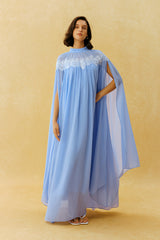 Glamorous Disposition Blue Lace Embroidery Cape Sleeve Maxi Dress