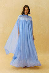 Glamorous Disposition Blue Lace Embroidery Cape Sleeve Maxi Dress