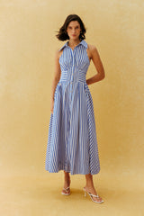Favourite Girl Blue Striped Collar Sleeveless Maxi Dress
