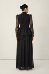 Evenings of Elegance Black Floral Embroidery Sheer Sleeve Top & Skirt Set