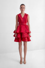 Stars Are Shining Red V-neck Tiered Ruffle Mini Dress