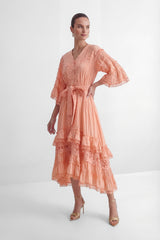 Sweet Sophistication Pink Floral Applique Tiered Maxi Dress