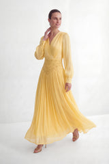 Exceptionally Pristine Yellow Beaded Embroidered V-Neck Maxi Dress