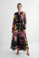Softly Charming Black Floral Print Velvet Cuff Maxi Dress