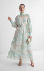 Venus Chartreuse Mint Butterfly Print Tiered Ruffle Maxi Dress