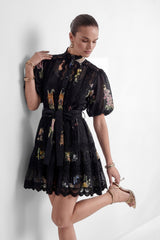 Radiance In The Dark Black Floral Print Lace Trim Mini Dress