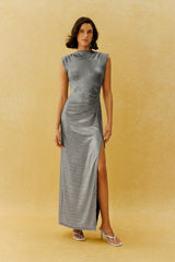 Midnight Lover Silver Sleeveless High Slit Maxi Dress