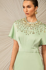 Cynthia Crystal Embellished Short Sleeve Satin Maxi Dress