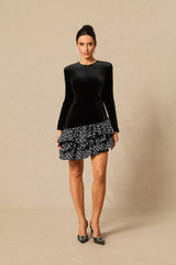 Hermosa Ruffle Asymmetric Hem Mini Velvet Dress
