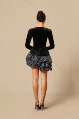 Hermosa Ruffle Asymmetric Hem Mini Velvet Dress