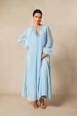 Yvonne Diamante Feathered Pleated Maxi Chiffon Dress