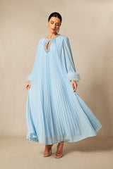 Yvonne Diamante Feathered Pleated Maxi Chiffon Dress
