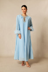 Yvonne Diamante Feathered Pleated Maxi Chiffon Dress