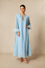 Yvonne Diamante Feathered Pleated Maxi Chiffon Dress