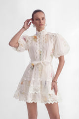 Whimsical Beauty Cream White Floral Print Lace Trim Mini Dress