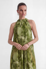 Pure Reverie Green Halter Neck Fringe Maxi Dress