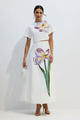 Angelica Floral Applique Short Sleeve Top & Skirt Set