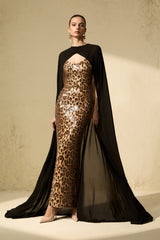 Wild Charm Multi Leopard Print Sequin Maxi Dress & Cape Set