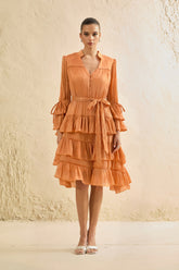 Keep It Interesting Orange V-Neck Tiered Ruffle Midi Dress