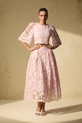 Spellbound By You Pink Lace Bell Sleeve Top & Midi Skirt Set