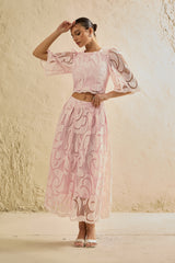 Spellbound By You Pink Lace Bell Sleeve Top & Midi Skirt Set