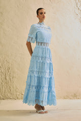 Charming Event Blue Eyelet Lace Tiered Maxi Dress