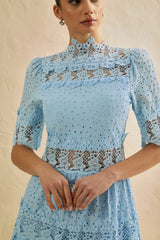 Charming Event Blue Eyelet Lace Tiered Maxi Dress